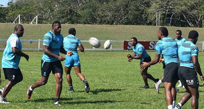 Fiji Airways Fijian sevens assistant coach Viliame Satala (left) assists the sevens team while training at Lawaqa Park, Sigatoka on August 23, 2022. Photo: Waisea Nasokia