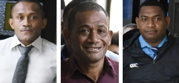 Lami Police station officer Ilisoni Waqa, Iowane Sukanaisoro and Simione Rokosemudu outside Magistrate Court in Suva on October 9, 2026.