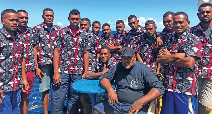 Loa rugby 7s players with coach Asaeli Vatuvatu (front) onboard the inter-island ferry MV Spirit of Love in Nabouwalu on March 18, 2019. Photo: Laisa Lui