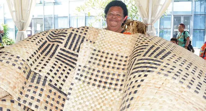 Niumai Gauna of Mirimiri Savukaleka women’s group of Gau with the matts on sale during Eastern Division Lau and Lomaiviti Women’s Expo in Suva on April 27, 2023. Photo: Ronald Kumar.