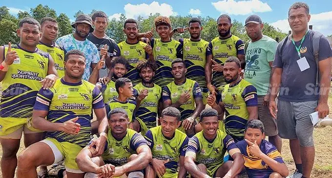 Highlanders players, team officials and fans after qualifying for the cup elimination round at the 1st Fiji Bitter Service Labasa Sevens tournament at Subrail Park on July 22, 2022. Photo: Sampras Anand.