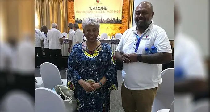 University of Fiji vice chancellor, Shaista Shameem with Construction Industry Council executive committee member Setoki Tuiteci at the CIC 2022 annual conference at Warwick Fiji.Photo: Frederica Elbourne