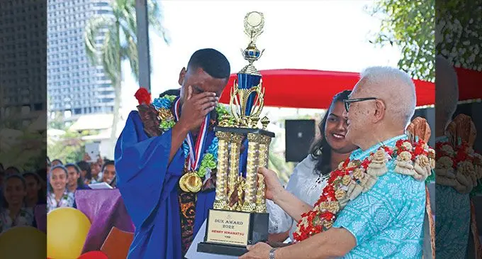 Dudley High School dux Henry Hiramatsu was emotional when presented the dux trophy during the school’s annual prizegiving ceremony in Toorak, Suva, on November 18, 2022.Photo: Wati Talebula-Nuku