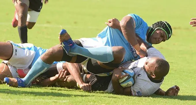Ram Sami Suva forward Osea Bolawaqatabu battles for possession against Nadroga’s Eremasi Radrodro in the Skipper Fiji Rugby Championship clash at the ANZ Stadium, Suva, on May 7, 2022. Photo: Ronald Kumar