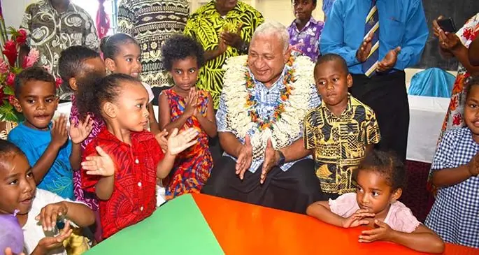 Prime Minister Voreqe Bainimarama, students of Tebara Seventh-day Adventist Kindergarten with guests and officials during the opening of the kindergarten in Nausori on February 24, 2020. Photo: Deptfo