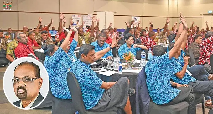 Principals pictured voting at the 129th Fiji Principals Association Conference at Grand Pacific Hotel in May this year. Photo: DEPTFO News Inset: FTU general secretary Muniappa Goundar