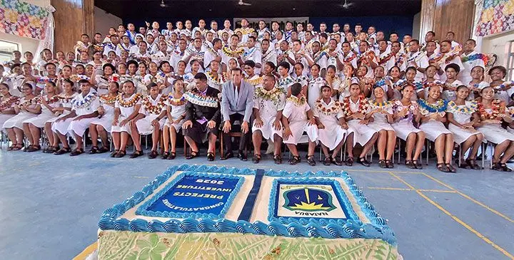 Minister for Education Aseri Radrodro with newly-inducted prefects at Natabua High School on March 21, 2025. Photo: Mereleki Nai