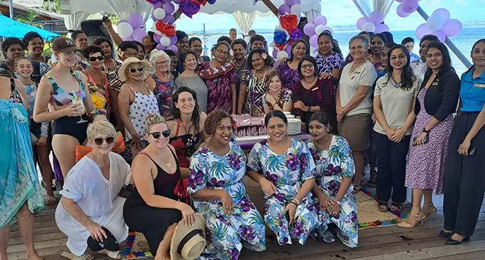 Fiji Council of Social Services chief executive officer, Vani Catanasiga (garlanded) with guests and staff of Radisson Blu Resort Fiji during the International Women’s Day celebration on March 8, 2023. Photo: Waisea Nasokia