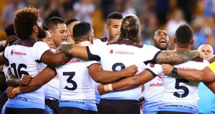 The Vodafone Fijian Bati team singing “ This is my prayer” before a test match. Photo: RWLC
