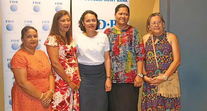 Fiji Development Bank general manager relationships and sales Titilia Kamil (middle) with women entreprenuers, (from left) Seema Mohan, Sofia Ali, Melaia Adi and May Fong on September 23,202. Photo: Laisa Lui.