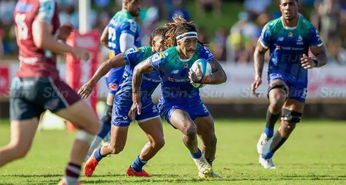Swire Shipping Fijian Drua winger Selestino Ravutaumada on the run against Reds at the HFC Bank Stadium, Suva, on May 18, 2024. Photo: Leon Lord 