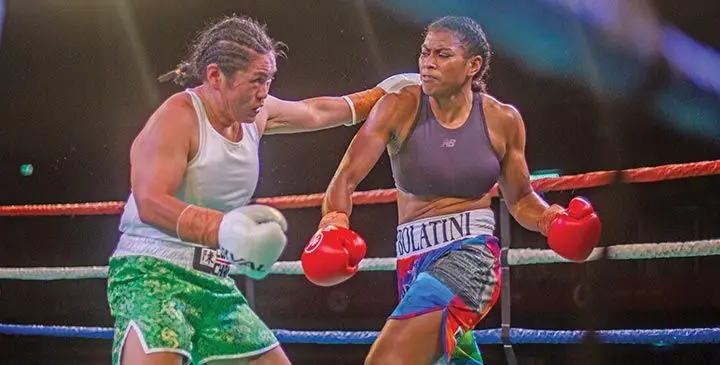Sera Bolatini (right) lines up a left hook on Connie Chan during their WBA (World Boxing Association) super welterweight Oceania title match at the Vodafone Arena, Suva on July 19, 2025. Photo: Josua Buredua