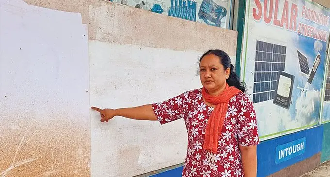 Inner Tech Electrical Pte Limited Labasa branch shop manager Tazmin Bi shows where the suspect(s) tried to enter the shop. Photo: Sampras Anand