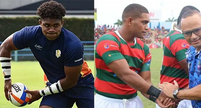 (Left) 2018: Viliame Suwawa with Police Commissioner Brigadier-General Sitiveni Qiliho during 2018 Sukuna Bowl. Photo: Viliame Suwawa and (right) NOW: Viliame Suwawa (with ball) representing Takushoku University in Tokyo, Japan.