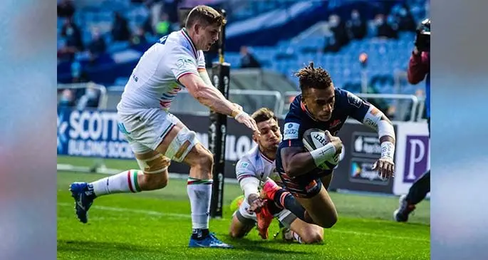 Eroni Sau scores a try for Edinburgh against Zebre at Murrayfield on April 23,2021. Photo: Edinburgh Rugby