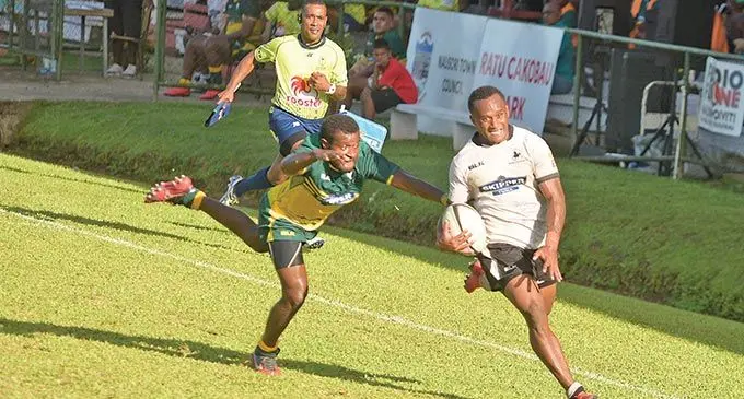 Nadroga speedy winger Panapasa Qeruqeru runs away from a Tailevu player to score a try in their Skipper Fiji Rugby Championship clash Ratu Cakobau Park, Nausori, on June 11, 2022. Photo: Ronald Kumar