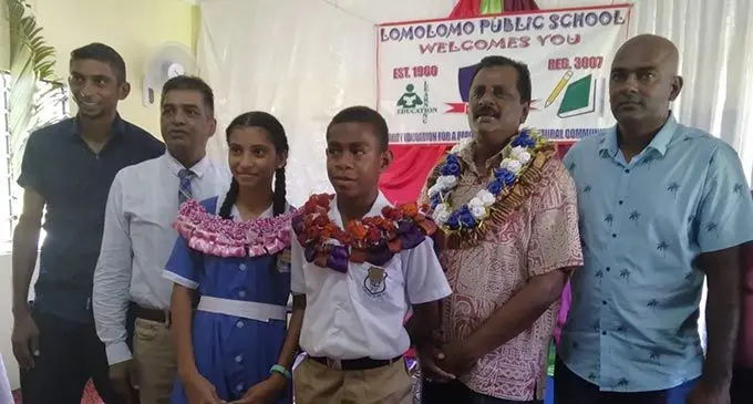 From left: Lomolomo Public School President Sanjay Chetty, Headteacher Newal Umrao, Head Girl Tanvi Chetty, Head Boy Jovilisi Vuketu, Minister for Employment, Productivity and Industrial Relations, Youth and Sports, Parveen Bala and School Manager Muniapa after the school’s prefects induction ceremony on May 5, 2022 in Lautoka. Photo: Fijian Government.