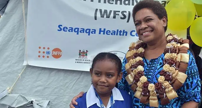 Jemima Diveki with Minister for Women, Children and Poverty Alleviation Mereseini Vuniwaqa in Seaqaqa on January 22,2021.