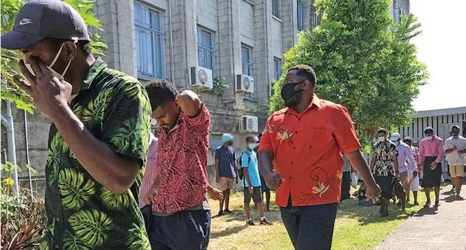 Some of the alleged Nabua brawlers outside the Magistrate Court in Suva. Photo: Ashna Kumar.