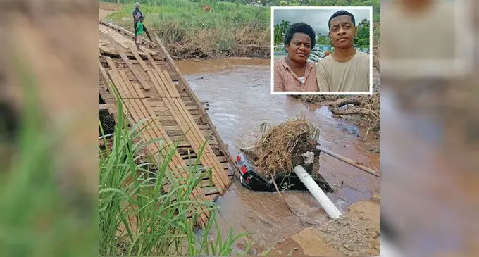 The wrecked vehicle in the Vuniyasi River in Nadi. INSET: Akanisi Tokovou and Toga Dausiga at the Nadi Police Station. Photos: Mereleki Nai 