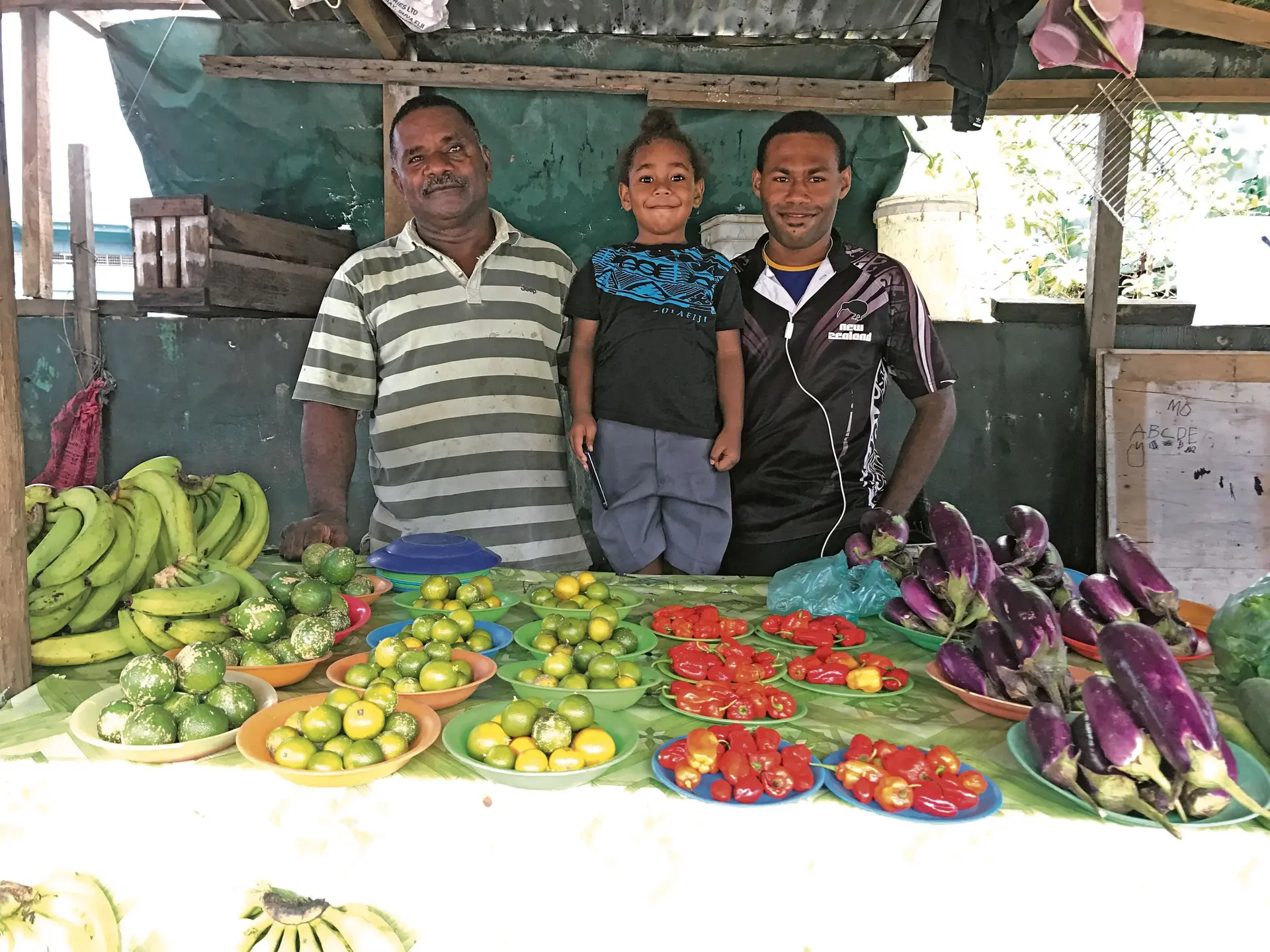 From left: Mosese Luveitasau, Laitia Tabumate and Manasa Vula at his stall at the Centrepoint market in Suva on February 21, 2018. Photos: Taraivini Seru