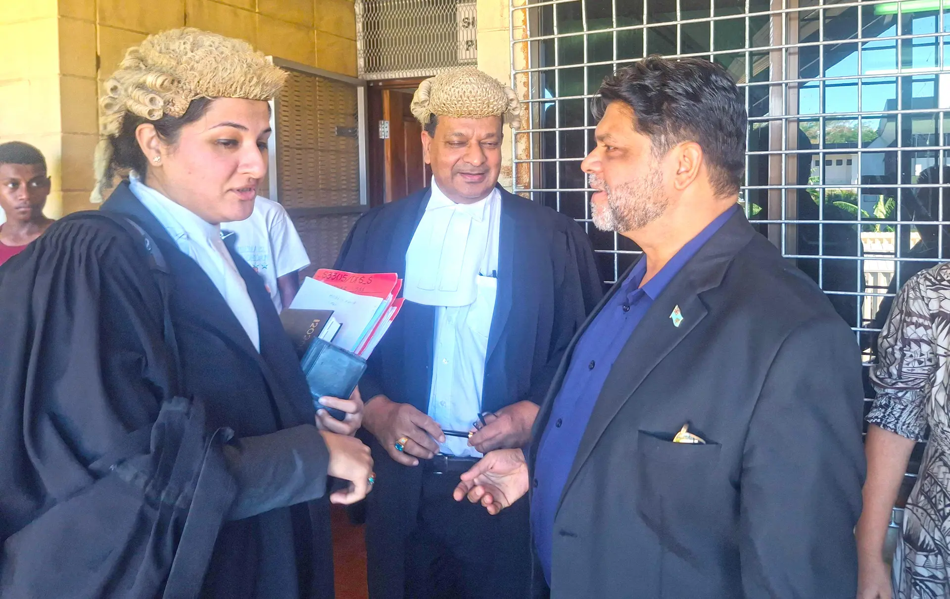 From left: Lawyer Gul Fatima, Devanesh Sharma and Aiyaz Sayed-Khaiyum at the High Court in Lautoka