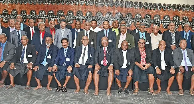 Deputy Prime Minister Manoa Kamkamica and Agriculture Minister Vatimi Rayalo, Minister fr Itaukei Affairs Iferemi Vasu and Lau Provincial Council Chairman, Ratu Meli Saubulinayau with Council memebers during their annual conference on June 25, 2024. Photo: Ronald Kumar.