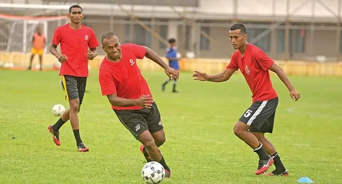 Fiji Police Force goalkeeper, Simione Tamanisau (centre) with Remueru Takiate (right) during the team training session at Fiji FA grounds, Vatuwaqa on December 15, 2021. Photo: Ronald Kumar