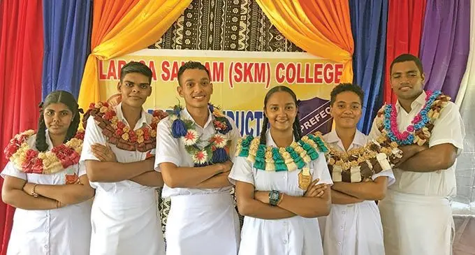 From left: Labasa Sangam SKM College deputy head girl Dipeeka Karwn, deputy head boy Mayur Anand Maharaj, head boy Natheniel Jarick Petueli, head girl Fahima Bi, deputy head girl Vani Tabanicala, deputy head boy Abraham Lagilagi Litianara after the induction College on March 5, 2021. Photo: Laisa Lui