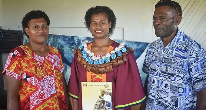 From left: Makereta Maraia, Verenaisi Salavoi, Leone Koroi (father) at the Swami Vivekananda College Hall in Nadi. Photo: Mereleki Nai
