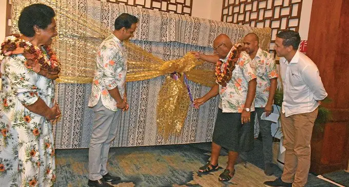 PRF Founder and the Chief Executive Officer of WRFL, Amitesh Deo (second left) with the Prime Minister, Sitiveni Rabuka during the Global Recycling Day 2023 symposium held at the Sheraton Golf Fiji Beach Resort last Saturday