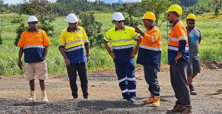 Second from left: Mineral Development Department director Raymond Mohammed and Minister for Land and Mineral Resources, Filimoni Vosaroga briefed by the Kashmir Transport Company PTE Limited Devo Crusher foreman, Anwar Ali (fourth from left) on January 18, 2023. Photo: Sampras Anand.
