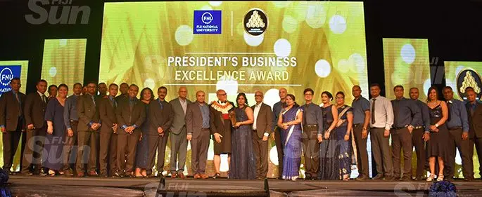 Jack’s of Fiji staff receive the President’s Business Excellence award from President Major-General (Ret’d) Jioji Konrote during the Fiji National University 2019 Fiji Business Excellence Awards at the Sheraton Fiji Resort, Denarau, Nadi on November 2, 2019. Photo: Waisea Nasokia
