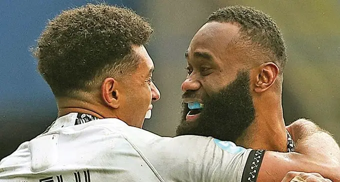 Flying Fijians Ben Volavola (left) and captain Semi Radradra during their match against Georgia at the Autumn Nations Cup in Murrayfield, Scotland on December 6, 2020. Photo: Autumn Nations Cup