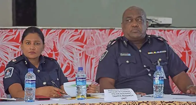 Fiji Police Force officer in charge of Police Accident Traffic Research Unit Rakeshini Sharma and Director Traffic Senior Superintendent of Police (SSP) Mitieli Divuana during the Land Transport Authority’s public consultation at Labasa Civic Centre on February 4, 2024. Photo: Jone Salusalu