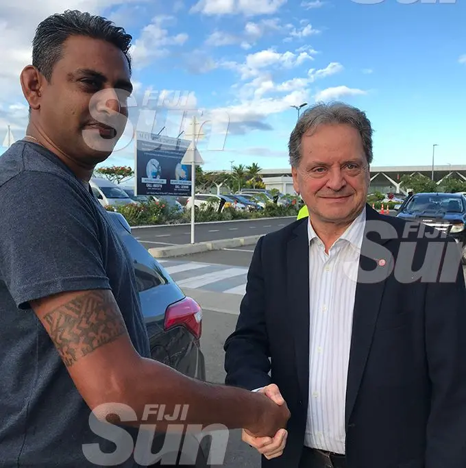 Fiji Football Association technical director Ravinesh Kumar (left) welcomes coach Flemming Serritslev at the Nadi International Airport on January 26, 2020. Photo: Waisea Nasokia