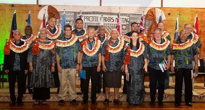 First row (from left): Vanuatu’s Prime Minister Bob Loughman, Samoa’s Prime Minister Fiame Naomi Mata’afa, Palau’s President Surangel Whipps Jr, Pacific Islands Forum Secretary-General Henry Puna , Pacific Islands Forum Leaders chair and Fijian Prime Minister Voreqe Bainimarama, New Zealand Prime Minister Jacinda Ardern, French Polynesia’s Vice President Jean-Christophe Bouissou and Federated States of Micronesia President David Panuelo. Back row (from left) Solomon Islands Minister of Foreign Affairs Jeremiah Manele, Tonga’s Prime Minister Siaosi Sovaleni, Tuvalu’s Foreign Affairs Minister Simon Kofe, New Caledonia’s President Louis Mapou, Nauru’s Deputy Minister of Foreign Affairs Asterio Appi, Cook Islands Ministry of Foreign Affairs and Immigration Secretary Tepaeru Herrmann and Australian Prime Minister Anthony Albanese during the 2050 Strategy for the Blue Pacific Continent at the Pacific Forum Secretariat, Nasese on July 12, 2022. Photo: Leon Lord