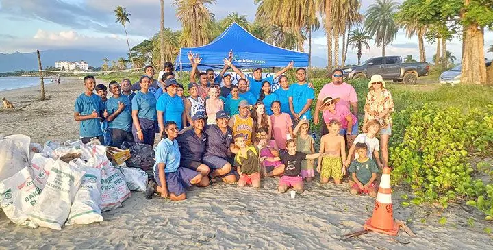 Tourists with South Sea Cruise staff at Wailoaloa Beach in Nadi on April 23, 2025. Photo: Mereleki Nai