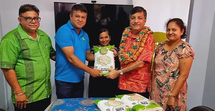 (Second from left) Fiji Rice Limited chief executive officer, Ashrit Maharaj hands-over the $2000 rice pack donation to the (third-left) Minister for Sugar and Multi-Ethnic Affairs, Charan Jeath Singh, at its office in Labasa on March 10, 2023. Photo: Sampras Anand