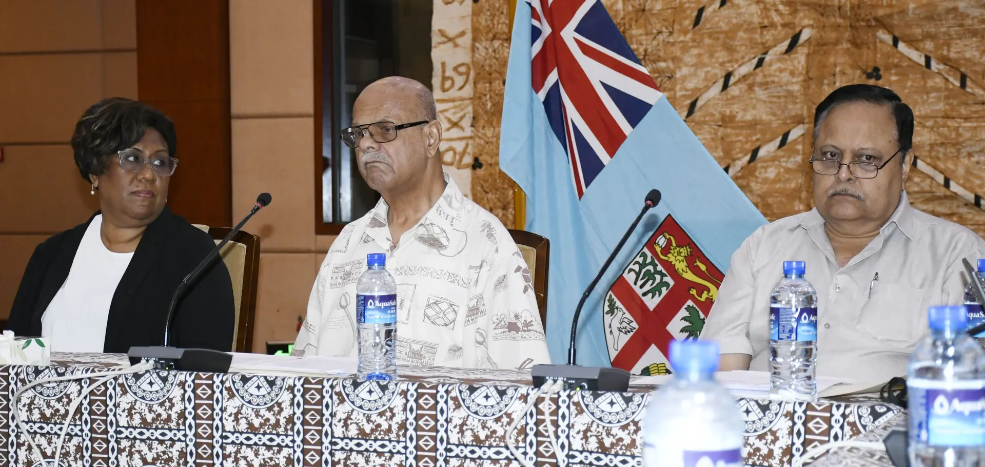 Fiji Truth and Reconciliation Commission Commissioners, from left: Ana Laqeretabua , Sekove Naqiolevu and Rajendra Dass during first public hearing at Civic Centre in Suva on October 7, 2025. 
