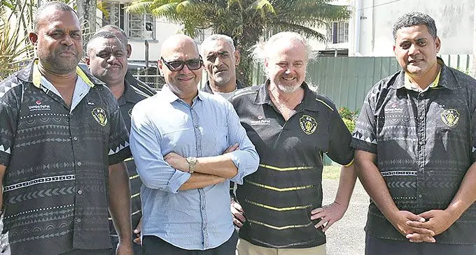 Ba Rugby Union acting treasurer 2023, Joeli Kautoga (left), with Vinod Patel Ba strength and conditioning coach, Solo Naisau, new president for Ba Rugby Union, Daksesh Patel, Vinod Patel Ba team co-manager Richard Dickson, union treasurer, Jeremy Duxbury, and secretary Gaby Kautoga. Photo: Waisea Nasokia