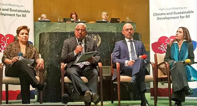 From left to right; Ms Patricia Espinosa, Executive Secretary of the UN Framework Convention on Climate Change, Prime Minister Frank Bainimarama, President of COP 24 Mr Michał Kurtyka, and President-designate of COP 25 and Minister of the Environment in Chile Ms Carolina Schmidt during their discussions at the United Nations headquarters in New York.