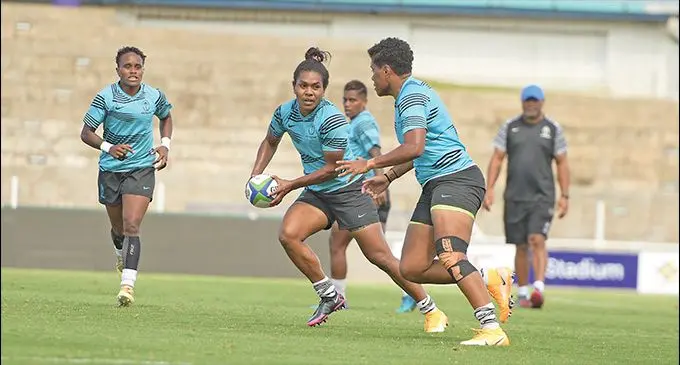Rooster Chicken Fijiana 15s captain Sereima Leweniqila (right) with players during the captain’s run at the HFC Bank Stadium, in Suva on September 15, 2022. Photos: Ronald Kumar