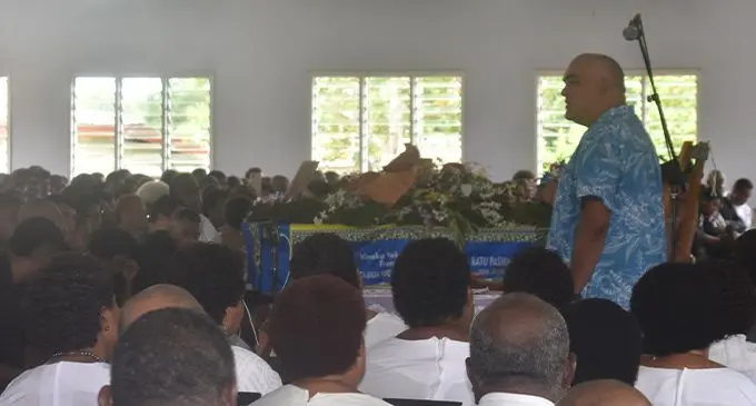 Flying Fijians head coach Simon Raiwalui delivers the euology during Pasikeli Naevo’s funeral service at Ilagi Methodist Church in Nawaka, Nadi, today. Photo: Waisea Nasokia