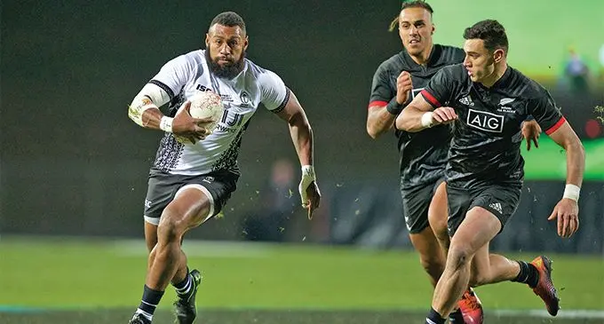 Fiji Airways Flying Fijians centre Waisea Nayacalevu makes a break against the Maori All Blacks at Rotorua International Stadium on July 20, 2019. Nayacalevu, who scored two tries against the Maoris last weekend in Suva failed to find the try-line last night. Photo: Bruce Southwick/ZoomFiji