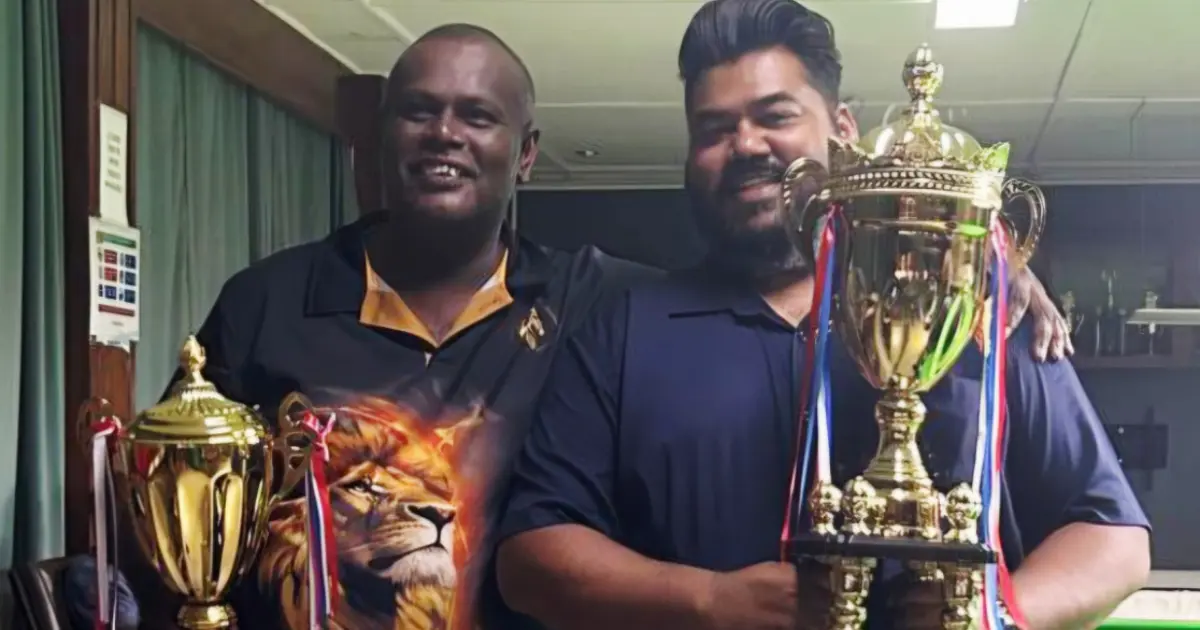 Winner Nitesh Chand (left) with runner-up Raymond Reddy after the final of the JM Snooker Competition at the South Seas Club in Lautoka on February 15, 2026. Photo: Waisea Nasokia