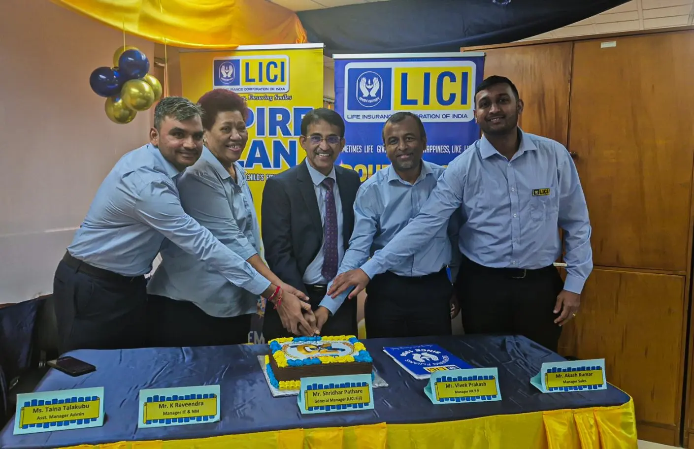 Life Insurance Corporation of India (LICI) Fiji executives (from left) Manager Information Technology and Network Management Raveendra Kunchanapalli, Assistant Manager Administration Taina Talakubu, General Manager Shridhar Pathare, Manager Human Resources Vivek Prakash, and Manager Sales Akash Kumar during the company's 70th anniversary at LICI House in Suva on September 1, 2026.