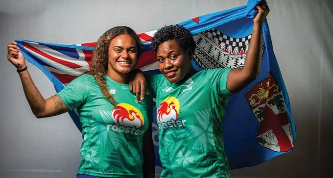 From left: Rooster Chicken Fijiana Drua centre Alycia Namosimalua and No.8 Karalaini Naisewa at the Yadua Bay Resort in Sigatoka on March 23, 2023. Photo: Leon Lord