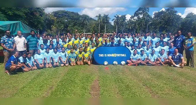 Students and staff of Lautoka Central College and Lautoka Central Primary School along with the Oceania Women's Football representatives after launch at the Lautoka Central College ground on April 21, 2023. Photo: Salote Qalubau.