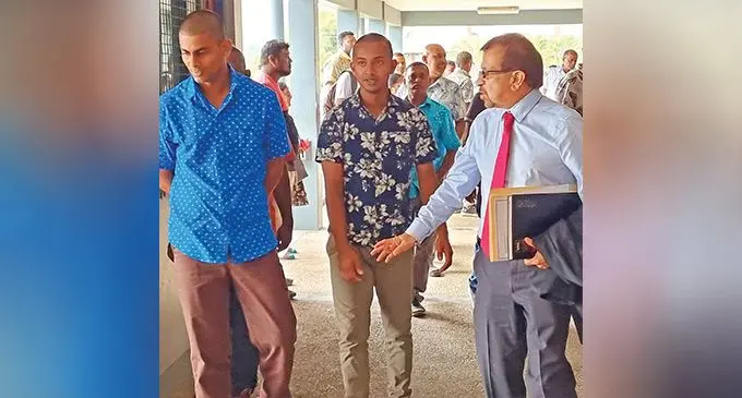 From left: Accused Kaushik Rattan and Shivnesh Kumar with their lawyer, Ami Kohli outside the Labasa Magistrates Court, Labasa on July 24, 2023.